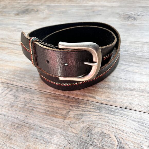 Levi’s Vintage Black Leather Belt Triple Stitch Red Yellow Teal Silver Size 34 main image 8